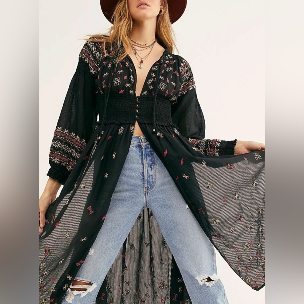 Free People Mykonos Maxi Boho Embroidered Festival Duster Women’s Size Medium